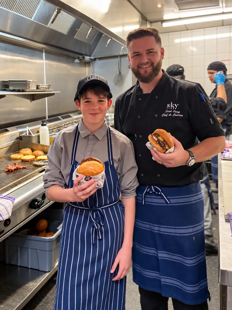 A young team member and chef holding burgers in the Eat Burger kitchen