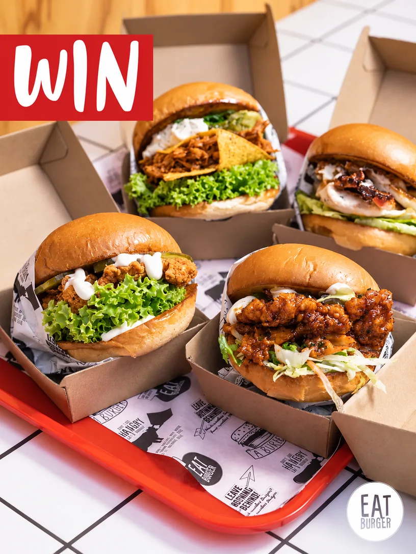 A selection of Eat Burger burgers in takeaway boxes
